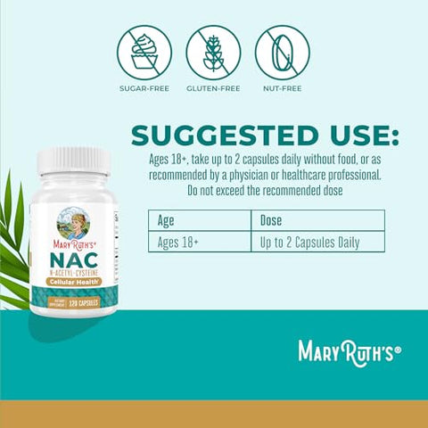 Maryruth'S Organics Nac Supplement N-Acetyl Cysteine 2 Month Supply Nac 1000Mg Per Serving Vegan Capsules Gluthamine Precursor Amino Acid Non-Gmo Gluten Free 120 Count 60 Servings