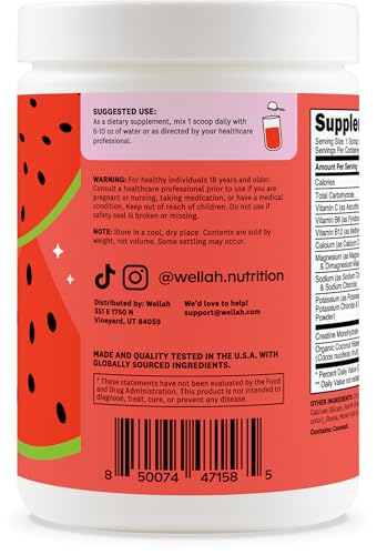 Wellah Creatine Electrolytes Powder (Watermelon Slush) 30 Servings - Hydration Drink Mix With 3G Of Creatine Monohydrate