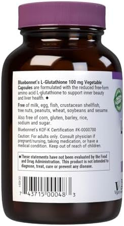 Bluebonnet Nutrition Lglutathione 100Mg Form Amino Acid For Radical Protection Soy Gluten Nongmo Kosher Vegan 30 Vegetable Capsules 30 Servings