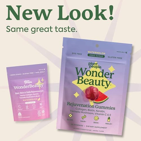 Plant People Wonderbeauty Hair Skin & Nails Rejuvenation Gummies With Tremella Mushroom Marine Collagen Peptides Keratin & Biotin â€“ Watermelon Flavor 60 Gummies