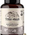 Terra Origin Healthy Mushroom Complex Supplement 90 Capsules Reishi Lions Mane Changa Cordyceps Maitake Immune & Nootropic Brain Support Usda Organic Non Gmo Vegan