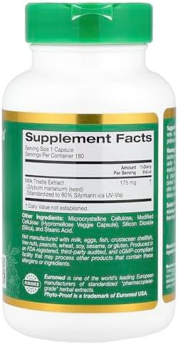 California Gold Nutrition Milk Thistle Extract Supports Liver Health Standardized To 80% Silymarin Flavonoids 175 Mg 180 Veggie Capsules