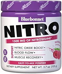 Bluebonnet Nutrition Extreme Edge Nitro Powder Nitric Oxide Precursor Increase Blood Flow Soy Gluten Vegan Raspberry Flavor 3.7 Oz 30 Servings