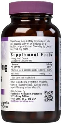 Bluebonnet Vitamin C 500 Mg Plus Rosehips Vegetable Capsules 180 Count