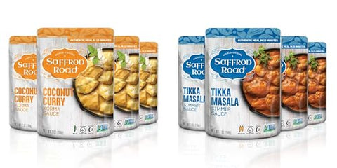 Saffron Road Simmer Sauce Tikka Masala and Coconut Curry - Non-GMO, Gluten-Free, Halal, Kosher, Vegan (7 Ounce (Pack of 8))