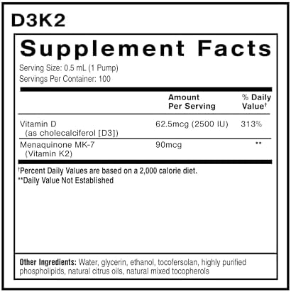 Quicksilver Scientific Nanoemulsified D3K2 Emulsified Liquid Vitamin D3 + K2 MK7 Liposomal Supplement for Heart Bone Health + Immune Support Bioactive 2500IU for Enhanced Absorption (1.7oz/50ml)