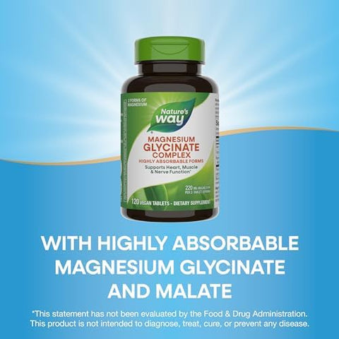 NatureS Way Magnesium Glycinate Complex Supports Heart Muscle Nerve Function Highly Absorbable 220 Mg Per 2Tablet Serving No Gluten Vegan 120 Tablets (Packaging May Vary)