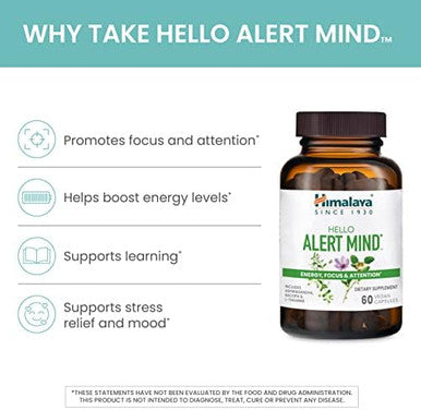 Himalaya Hello Alert Mind With Ltheanine Ashwagandha Bacopa Vitamin B6 & B12 For Energy Focus & Attention Vegan Gluten 60 Capsules