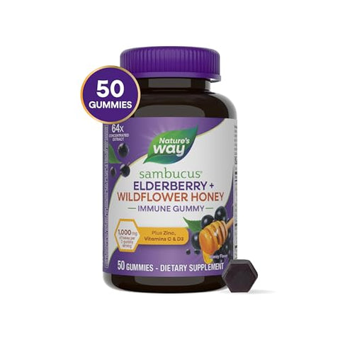 Nature'S Way Sambucus Elderberry Wildflower Honey Immune Gummy Daily Immune Support For Adults And Kids Ages 4 Vitamins C & D3 Zinc Vegetarian 50 Gummies