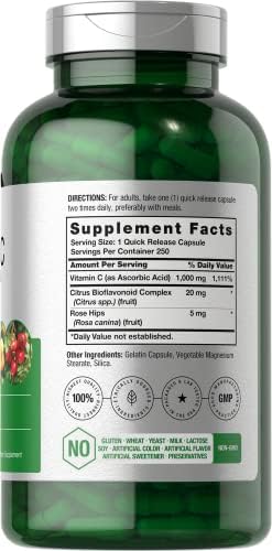 Horbaach Vitamin C 1000mg 250 Capsules with Bioflavonoids and Rose Hips NonGMO Gluten Free Supplement High Strength Formula