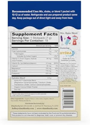 Vitauthority Hydration Electrolyte Powder Packets Blend Magnesium, Calcium, Sodium Potassium Coconut Water + Vitamin C & B12 Sugar-, Vegan, Non-Gmo, Energy & Immune Support 18 Servings Pineapple Flavored