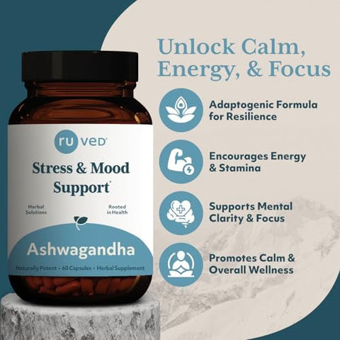 R-U Ved Ashwagandha Capsules - Organic Ashwagandha Root Extract Supplement For Men & Women 500Mg Per Pill For Adrenal Health And Overall Wellness - 60 Vegetarian Caplets (1 Count)
