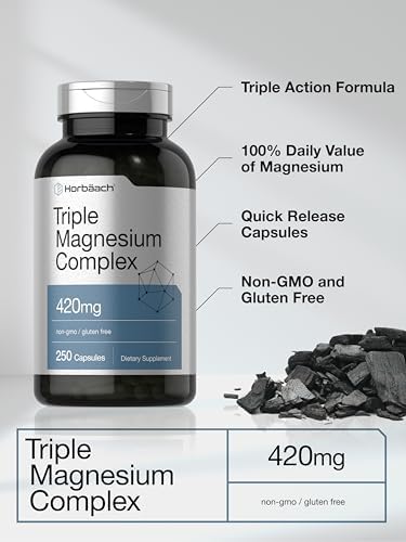 Horbaach Triple Magnesium Complex 420 mg 250 Capsules NonGMO and Gluten Free Formula Magnesium Oxide Citrate and Aspartate Dietary Supplement