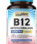 Vitalibre Vitamin B12 Sublingual 5000 mcg Methylcobalamin Bioactive Form High Absorption Vegan Nerve Energy Immune Mood Support Natural Peach Flavor Fast Dissolve Mini Tablets No Sugar