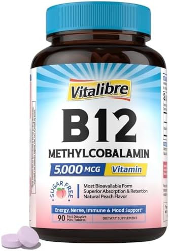Vitalibre Vitamin B12 Sublingual 5000 mcg Methylcobalamin Bioactive Form High Absorption Vegan Nerve Energy Immune Mood Support Natural Peach Flavor Fast Dissolve Mini Tablets No Sugar