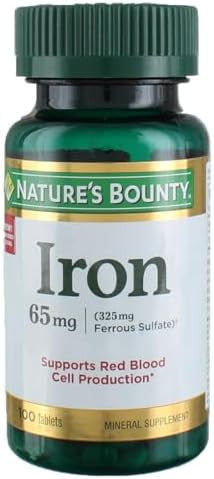 Nature'S Bounty Iron 65Mg, 325 Mg Ferrous Sulfate, Cellular Energy Support, Promotes Normal Red Blood Cell Production, 100 Tablets