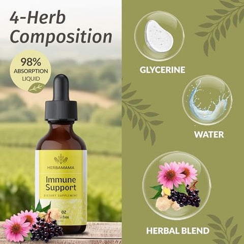 Herbamama Liquid Immune Support Drops - Vegan Ecea Goldenseal Tincture With Ginger Root & Elderberry - Non-Gmo Alcohol & Sugar- Supplement With Immune Support Herbs 28-Day Supply