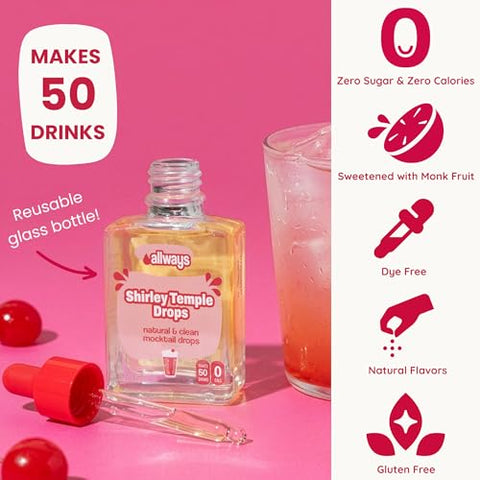 Allways Shirley Temple Drops ÃƒÂ¢Ã¢â€šÂ¬Ã¢â‚¬Å“ Sugar Free Liquid Water Enhancer with Monk Fruit ÃƒÂ¢Ã¢â€šÂ¬Ã¢â‚¬Å“ Zero Calorie Shirley Temple Drink Mix for Water ÃƒÂ¢Ã¢â€šÂ¬Ã¢â‚¬Å“ Natural Flavors ÃƒÂ¢Ã¢â€šÂ¬Ã¢â‚¬Å“ 50 Servings ÃƒÂ¢Ã¢â€šÂ¬Ã¢â‚¬Å“ No Sugar Hydration
