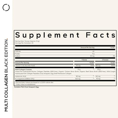 Codeage Multi Collagen Peptides Powder Probiotics Black Edition Vitamin C Hyaluronic Acid Powder Supplement Grass-Fed Hydrolyzed Zero Carbs Type I Ii Iii V & X Unflavored 10.58Oz