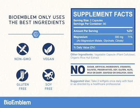 BioEmblem Triple Magnesium Complex and Magnesium glycinate with Zinc for Brain Health Enzyme Function and Muscles and Legs