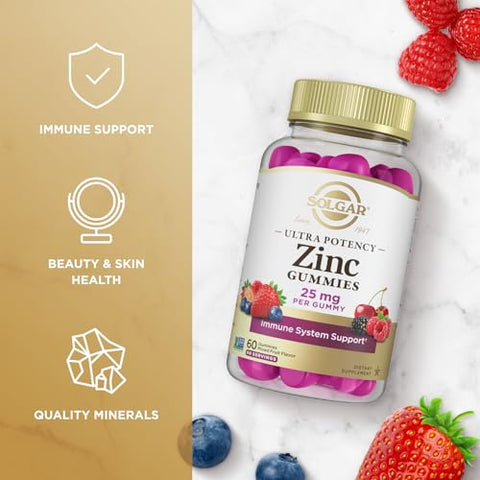 Solgar Zinc Gummies Adult Vitamin With 25Mg Ultra Potency Zinc Citrate For Immune Support - Mixed Fruit Flavor Vegan Kosher & Gluten Free Gummy Supplements For Women & Men 2G Sugar 60 Servings