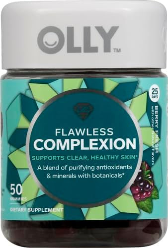 Olly Flawless Complexion Gummy, Clear And Healthy Skin Support, Vitamins E, A, Zinc, Chewable Supplement, Berry - 50 Count (Pack Of 1)
