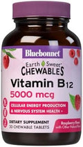 Bluebonnet Nutrition Earth Sweet Vitamin B12 5000 Mcg Chewable Tablets Soy Gluten Kosher Dairy Vegan Raspberry Flavored 30 Chewable Tablets 30 Servings