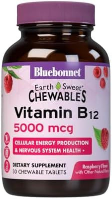 Bluebonnet Nutrition Earth Sweet Vitamin B12 5000 Mcg Chewable Tablets Soy Gluten Kosher Dairy Vegan Raspberry Flavored 30 Chewable Tablets 30 Servings
