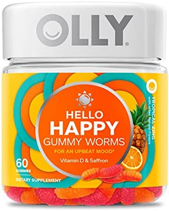Olly Kids Chillax Magnesium Gummies Plus LTheanine Lemon Balm and Hello Happy Gummy Worms Mood Balance Support Vitamin D Saffron Adult Chewable Supplement Tropical Zing 60 Count