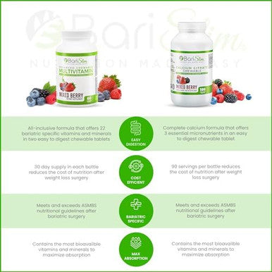 Barislim Bariatric Calcium Citrate & Advanced Chewable Bariatric Multivitamin With Iron - Bariatric Vitamin And Supplement For Post Bariatric Surgery Including Gastric Bypass And Gastric Sleeve