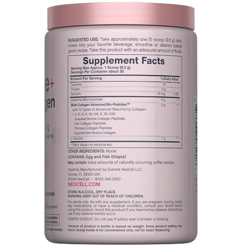 Neocell Creatine Monohydrate Powder 10 Oz With Multi Collagen Peptides Hair Skin & Nails Supplement Unflavored For Women And Men