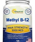 aSquared Nutrition Vitamin B125000 MCG Supplement with Methylcobalamin (Methyl B12) Max Strength Vitamin B 12 Support to Help Boost Natural Energy Benefit Brain and Heart Function 120 Tablets