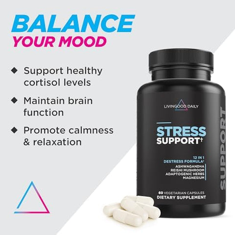 Livingood Daily Stress Support 12-In-1 Supplement With Ashwagandha Reishi Mushroom Vitamin B6 Adaptogenic Herbs & Magnesium Supports Mood & Calm Gluten Vegan 60 Vegetarian Capsules