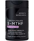 Sports Research Methyl Folate B12-1000 Mcg L-Methylfolate & 2000 Mcg Methylcobalamin For Cellular Energy Support - Vegan B12 W/Coconut Mct Oil - Non-Gmo Gluten Free 90 Veggie Softgels