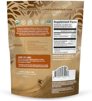 Laird Superfood Organic Reishi Mushroom Powder For Immune Support And Stress Relief 3.17 Oz. Bag Pack Of 1