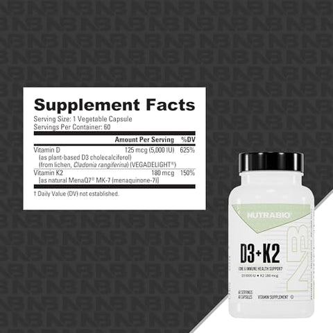 Nutrabio Vitamin D3 K2 5000 Iu D3 As Cholecalciferol With Vitamin K2 As Mena-Q Mk7 (180Mcg) Support Bone And Heart Health Non-Gmo Gluten Free Lactose Free 60 Vegetable Capsules