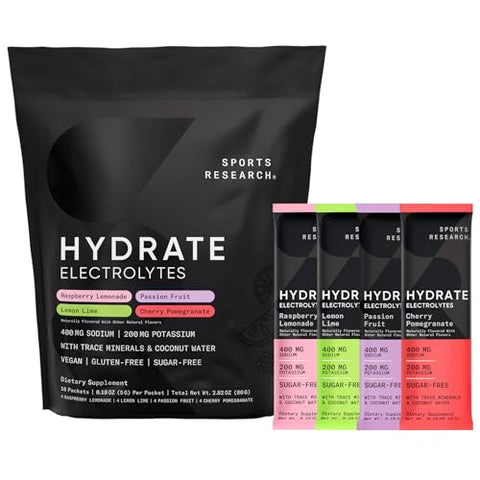 Sports Research Hydrate Electrolytes Combo Pack - Sugar-Free & Naturally Flavored With Vitamins Minerals And Coconut Water - Supports Hydration - 32 Packets - Cherry Pomegranate Dominant Flavor