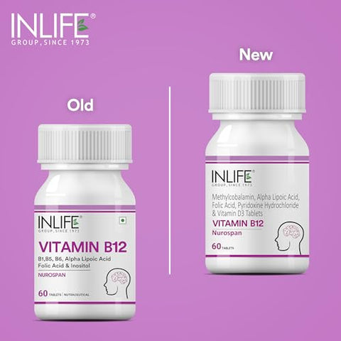 Inlife Vitamin B12 (Methylcobalamin) 1500Mcg Supplement With Ala (Alpha Lipoic Acid) Folic Acid Vitamin D3 Nervous System & Brain Supplement For Memory Focus And Energy 60 Count (Pack Of 2)