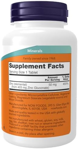 Now Foods Zinc (From 405Mg Of Zinc Gluconate), White, Unflavored, Tablet, 250 Count