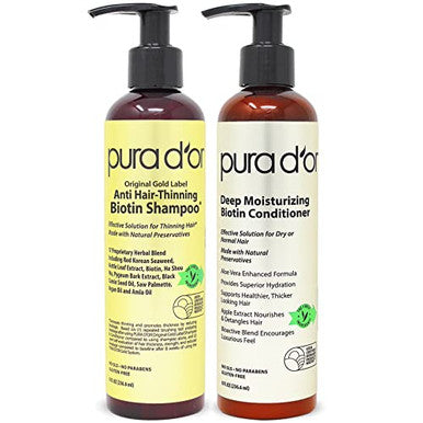 Pura D'Or Anti-Thinning Biotin Shampoo And Conditioner Natural Earthy Scent Clinically Tested Effective Results Herbal Blend Thickening Products For Women & Men Original Gold Label Set 8Oz X2