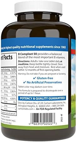 Carlson B Compleet 50 Balanced Vitamin B Complex Energy Production Cellular Support and Optimal Wellness 250 Tablets