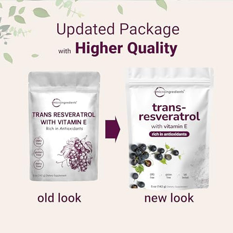 Micro Ingredients Pure Trans-Resveratrol Powder With Vitamin E 5 Ounce 2 In 1 Formula Micronized Powder For Better Absorption Premium Resveratrol Supplement Super Antioxidant