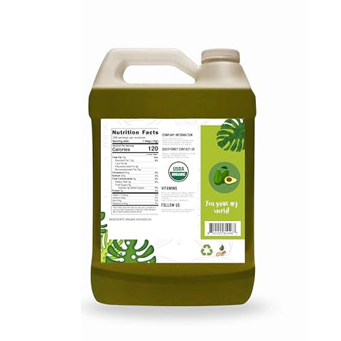 USDA Certified Organic Cold Pressed Unrefined Raw Avocado Oil - 1 Gallon/128 fl.oz