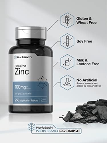 Horbaach Chelated Zinc Supplement 100mg 250 Tablets High Potency and Superior Absorption Vegetarian NonGMO Gluten Free