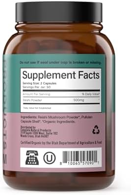 Complete Natural Products Organic Reishi Mushroom Capsules Vegan Non-Gmo Gluten