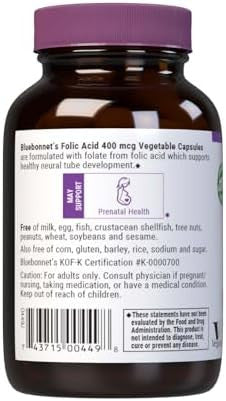 Bluebonnet Nutrition Folic Acid 400 Mcg, Prenatal & Postnatal Health, Non-Gmo, Vegan, Kosher Certified, Gluten-Free, Soy-Free, Dairy-Free, 90 Vegetable Capsules, 90 Servings