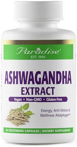 Paradise Herbs Organic Ashwagandha Ayurvedic Adaptogen Vegan Non Gmo Gluten 180 Vegetarian Capsules