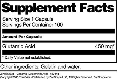 Terravita Glutamic (Glutamine) Acid - 450 Mg (100 Capsules, Zin: 513331)