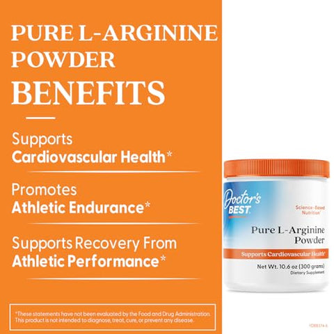 Doctor'S Best Doctors Best Pure L-Arginine Powder - L Arginine Supplement For Men & Women Supports Nitric Oxide Levels & Heart Health Blood Flow Support Gluten Free Vegan Non Gmo 10.6 Oz