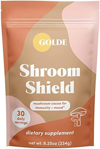 Golde Shroom Shield - Plant Based Superfood Blend W/Turkey Tail Mushroom & Reishi Mushroom Extract - Stress Defense - Antioxidants & Prebiotics - Vegan, Keto, & Sugar- Hot Cocoa - 30 Servings